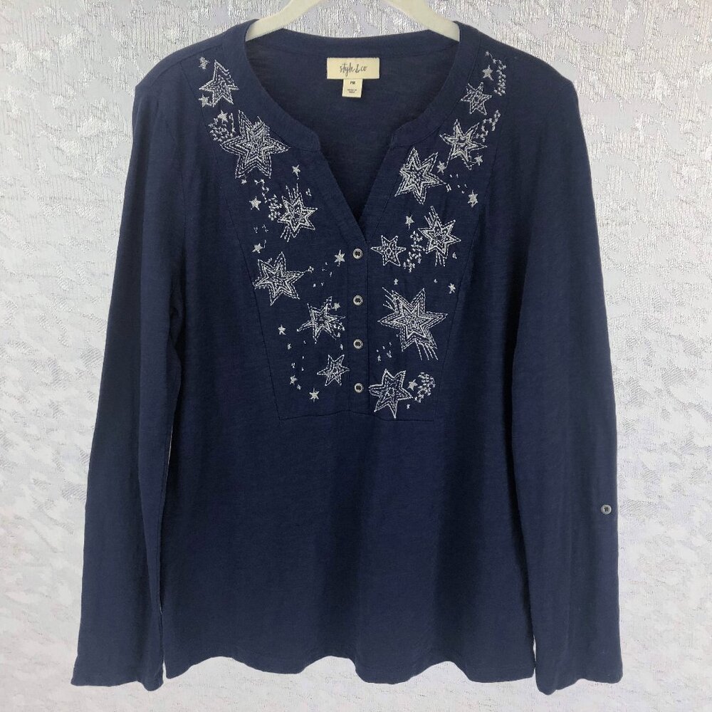 Style & Co Dark Blue Long Sleeve Top with Embroidered Stars Decoration